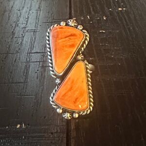 Navajo Eugene Belone Orange Spiny Two Stone Sterling Silver Ring